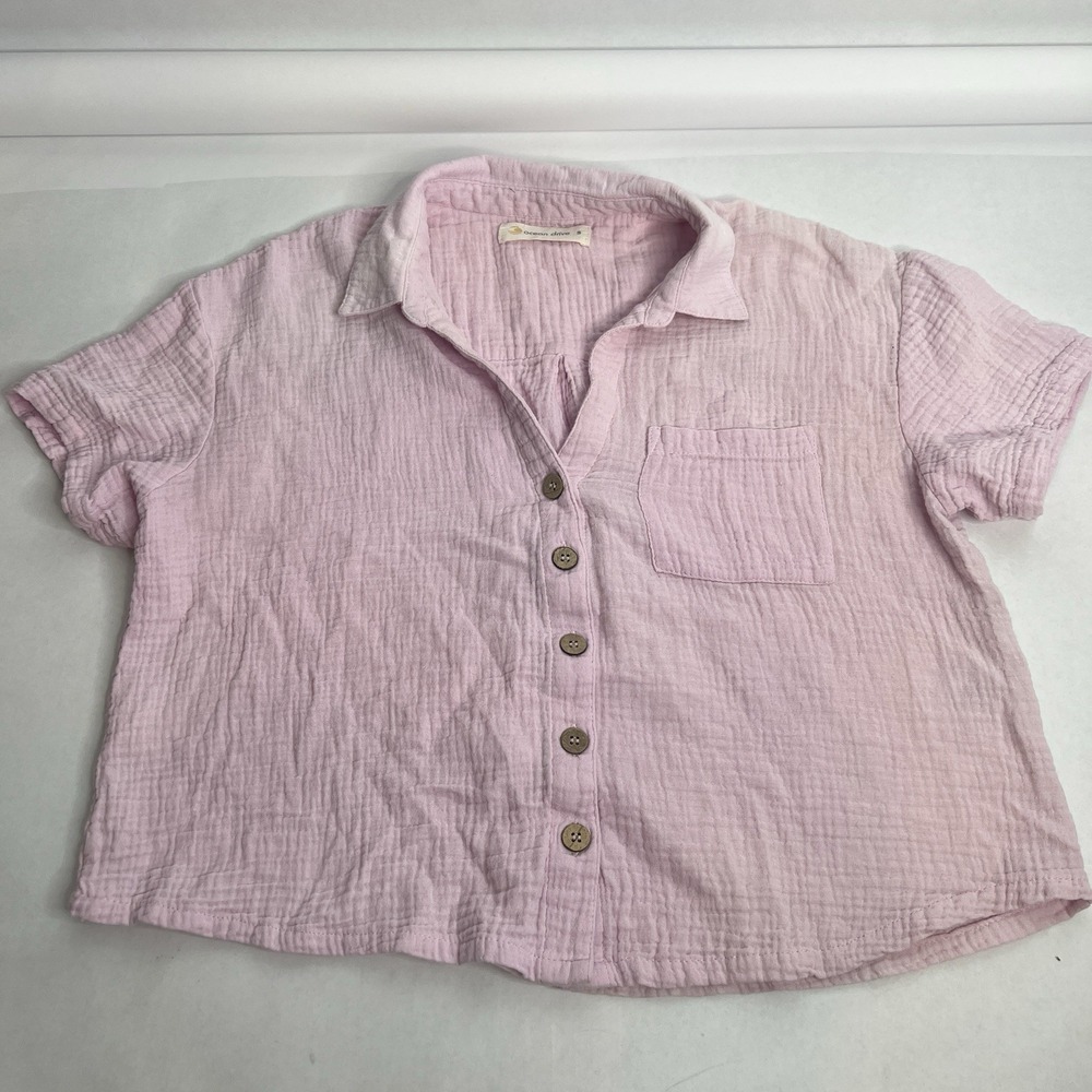 Ocean Drive 100% Cotton Pink Double Gauze Button Down Up Top Blouse Cropped Crop